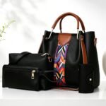 Set 4 Women's PU Leather Hobo Bag Large Capacity Shoulder Tote with Adjustable Strap Matching Clutch Purse LUXWTB Black