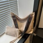 Women's 2Pcs PU Leather Hobo Bag Set – Large Capacity Shoulder Tote with Boho Wide Adjustable Strap & Matching Clutch Purse Beige