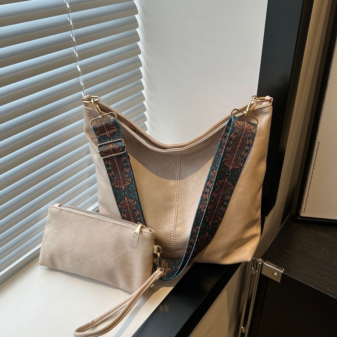 3 Women's 2Pcs PU Leather Hobo Bag Set – Large Capacity Shoulder Tote with Boho Wide Adjustable Strap & Matching Clutch Purse Beige - Image 1