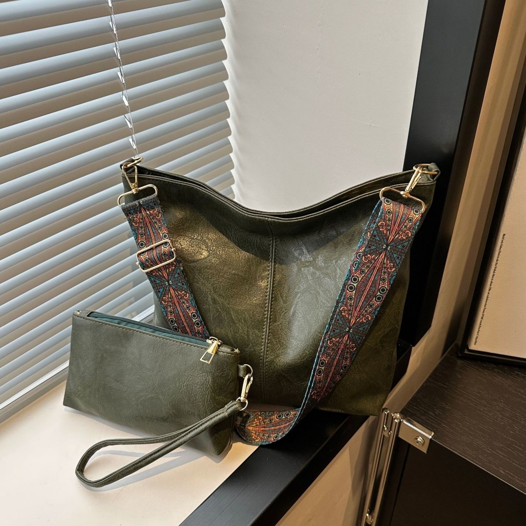 4 Women's 2Pcs PU Leather Hobo Bag Set – Large Capacity Shoulder Tote with Boho Wide Adjustable Strap & Matching Clutch Purse Green - Image 1