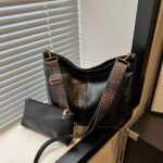 Women's 2Pcs PU Leather Hobo Bag Set – Large Capacity Shoulder Tote with Boho Wide Adjustable Strap & Matching Clutch Purse Black