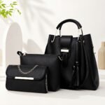 LUXWTB Women's 3Pcs PU Leather Hobo Bag Set – Black Large Capacity Shoulder Tote with Adjustable Strap & Matching Clutch