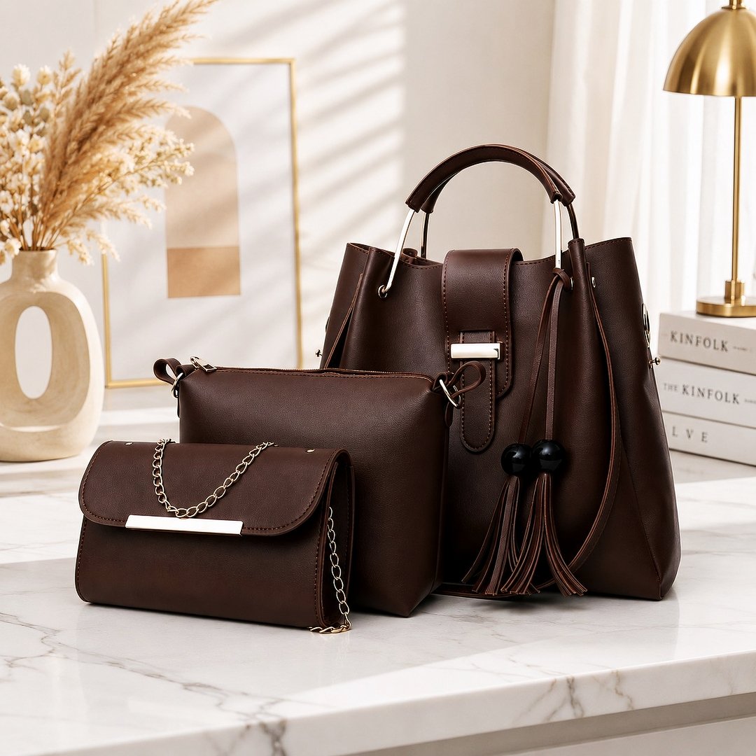 kase3 LUXWTB Women's 3Pcs PU Leather Hobo Bag Set – Coffee Large Capacity Shoulder Tote with Adjustable Strap & Matching Clutch - Image 1