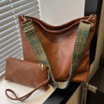 Women's 2Pcs PU Leather Hobo Bag Set – Large Capacity Shoulder Tote with Boho Wide Adjustable Strap & Matching Clutch Purse Brown