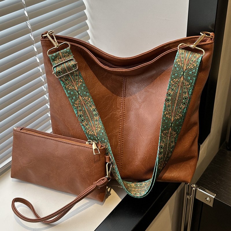 改3 Women's 2Pcs PU Leather Hobo Bag Set – Large Capacity Shoulder Tote with Boho Wide Adjustable Strap & Matching Clutch Purse Brown - Image 1